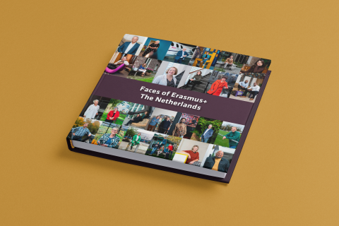 Mockup featuring a square hardcover book on a colored surface 33639